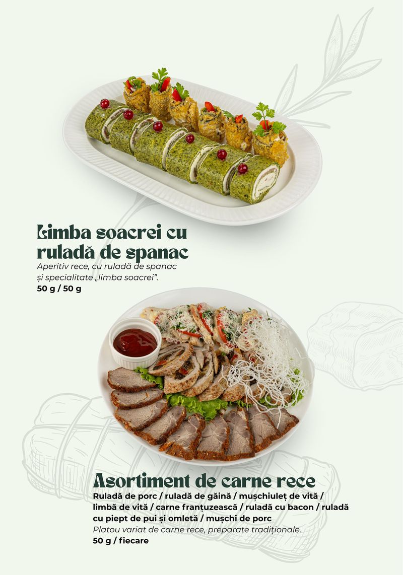 Limba soacrei cu ruladă de spanac · Asortiment de carne rece — meniul Banquet Hall TheoDora