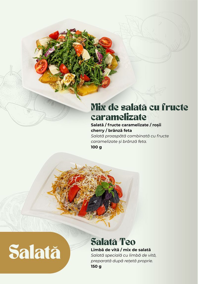 Mix de salată cu fructe caramelizate · Salată Teo — meniul Banquet Hall TheoDora