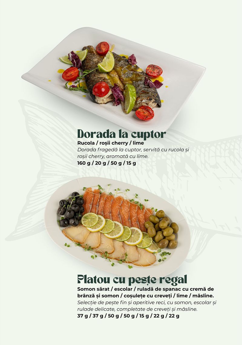 Dorada la cuptor · Platou cu pește regal — meniul Banquet Hall TheoDora